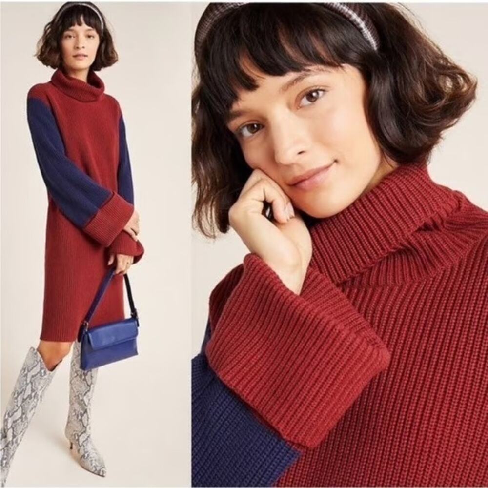 Callahan Duffy Red Navy Ribbed Colorblock Turtleneck Sweater Dress XS